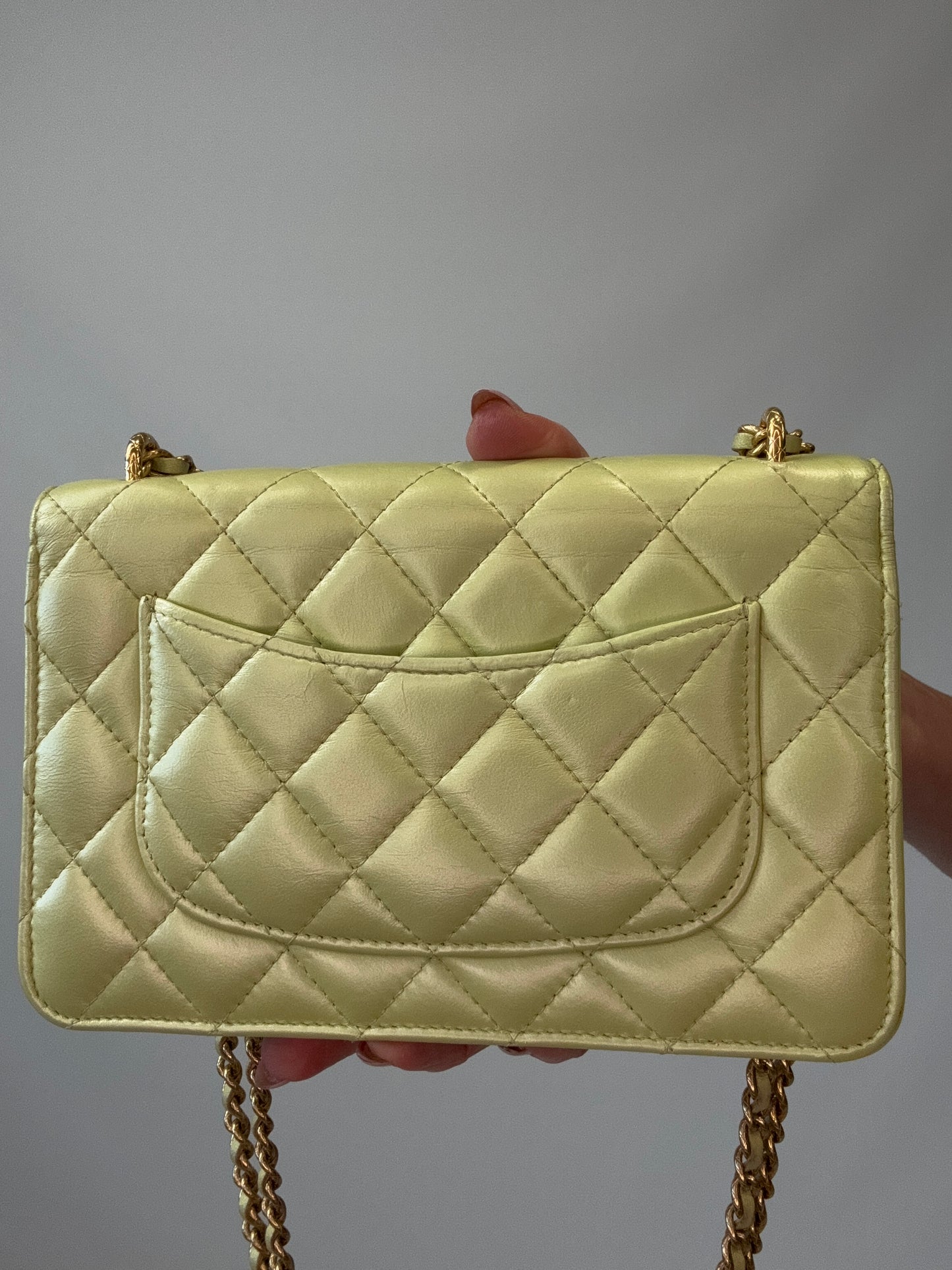 Chanel Quilted Lambskin Wallet On Chain in Pearl Green back close up