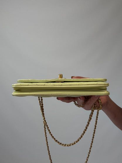 Chanel Quilted Lambskin Wallet On Chain in Pearl Green bottom of handbag