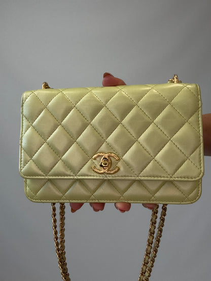 Chanel Quilted Lambskin Wallet On Chain in Pearl Green close up of front
