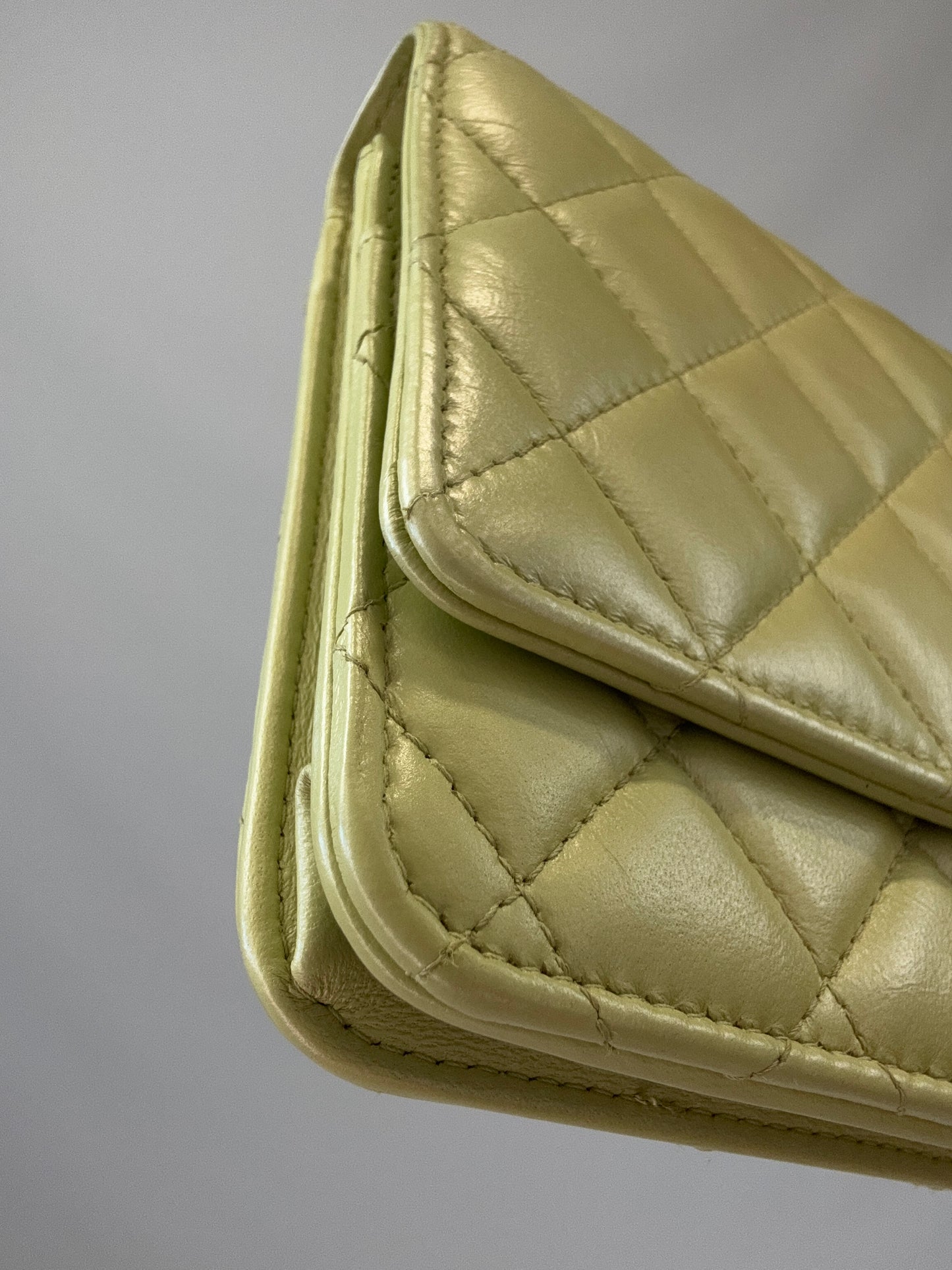 Chanel Quilted Lambskin Wallet On Chain in Pearl Green front left bottom corner