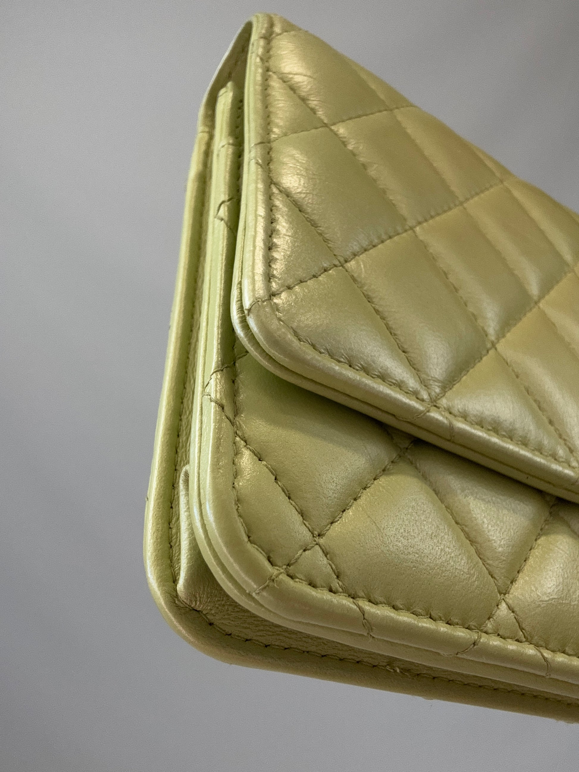 Chanel Quilted Lambskin Wallet On Chain in Pearl Green front left bottom corner