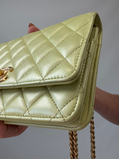 Chanel Quilted Lambskin Wallet On Chain in Pearl Green front right bottom corner