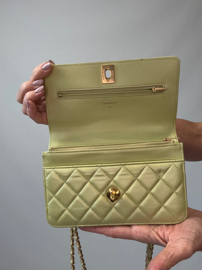 Chanel Quilted Lambskin Wallet On Chain in Pearl Green flap interior