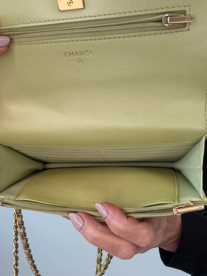 Chanel Quilted Lambskin Wallet On Chain in Pearl Green interior of handbag