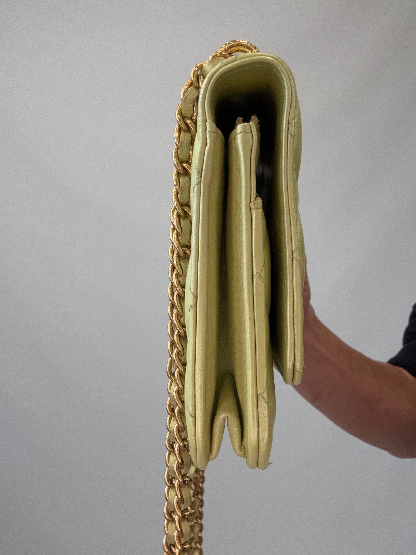 Chanel Quilted Lambskin Wallet On Chain in Pearl Green left side of handbag