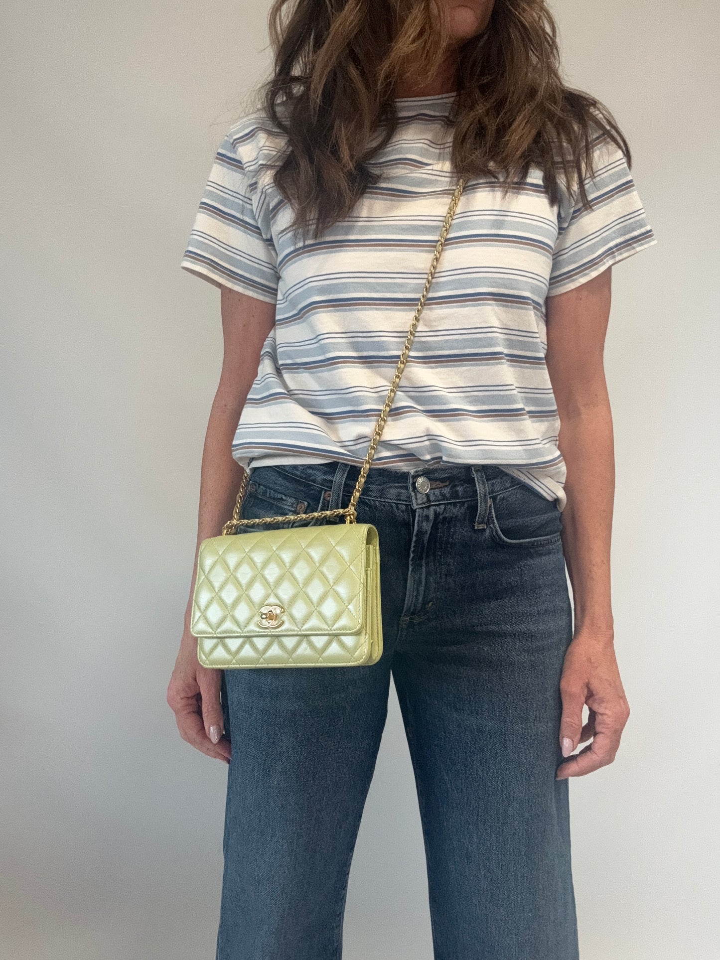 Chanel Quilted Lambskin Wallet On Chain in Pearl Green modeled 2