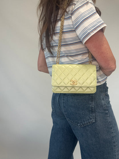 Chanel Quilted Lambskin Wallet On Chain in Pearl Green modeled