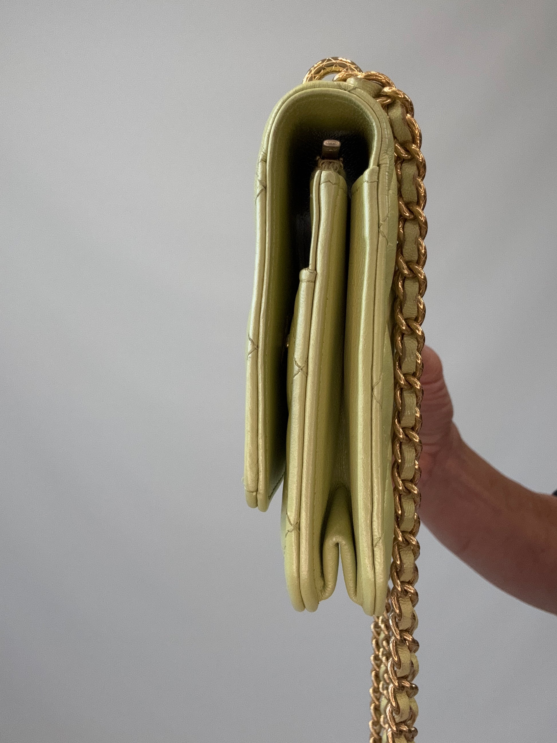 Chanel Quilted Lambskin Wallet On Chain in Pearl Green right side of handbag