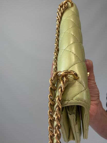 Chanel Quilted Lambskin Wallet On Chain in Pearl Green top left hardware