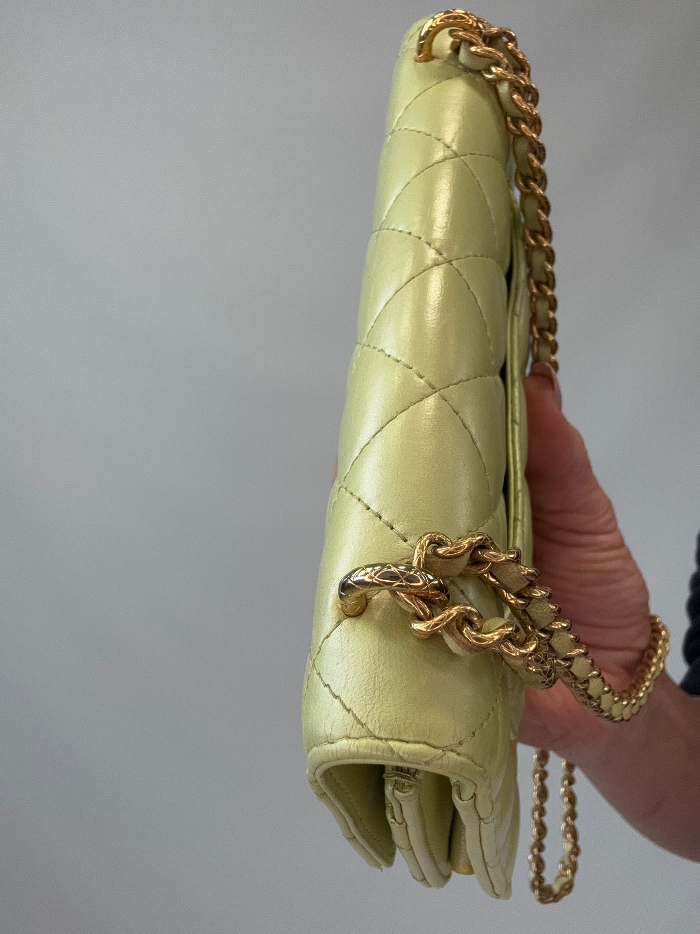 Chanel Quilted Lambskin Wallet On Chain in Pearl Green top right hardware