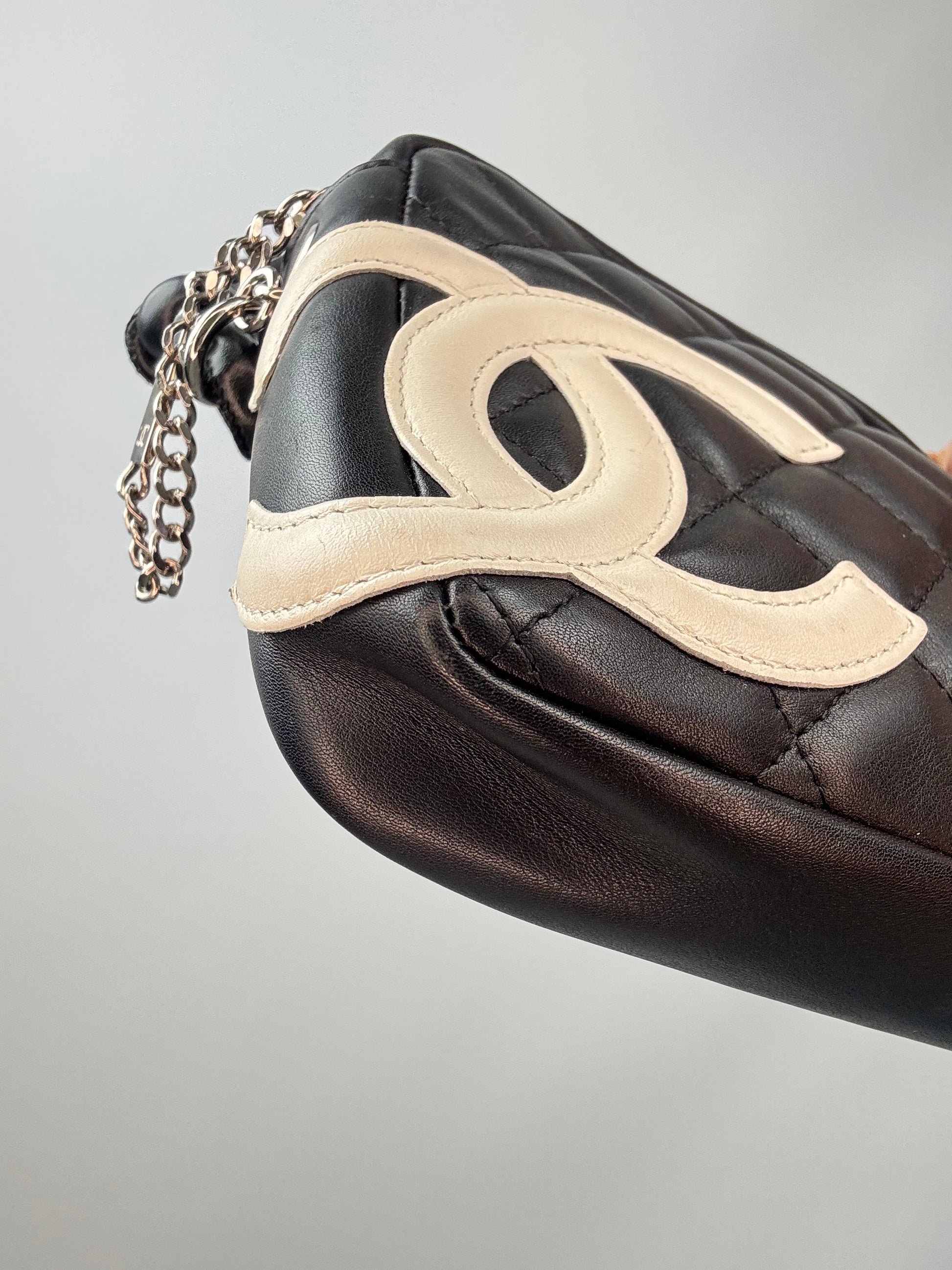 Chanel Quilted Lamsbkin Cambon Pochette front left bottom corner