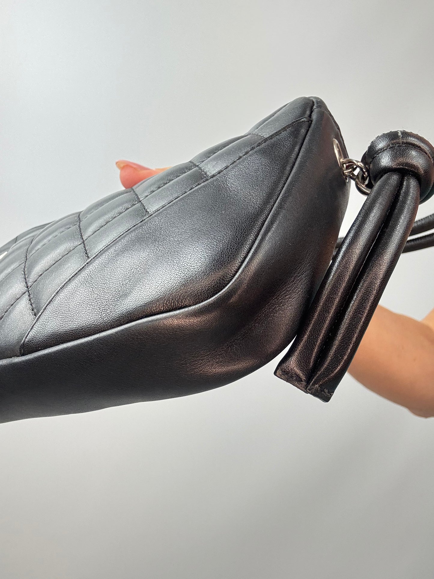 Chanel Quilted Lamsbkin Cambon Pochette front right bottom corner