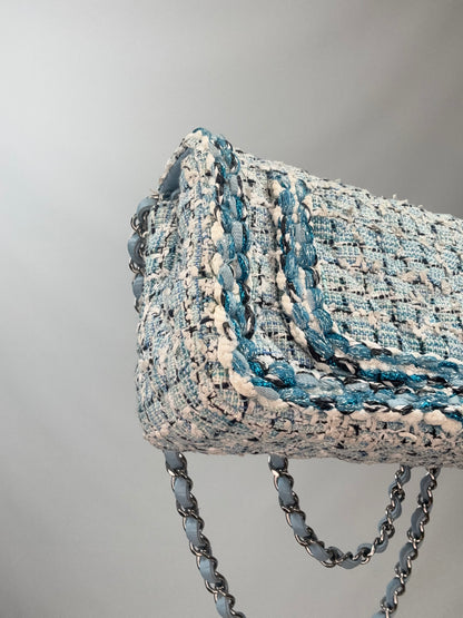 Chanel Quilted Metallic Tweed Mini Rectangular Flap Bag - Blue White Silver back left bottom corner