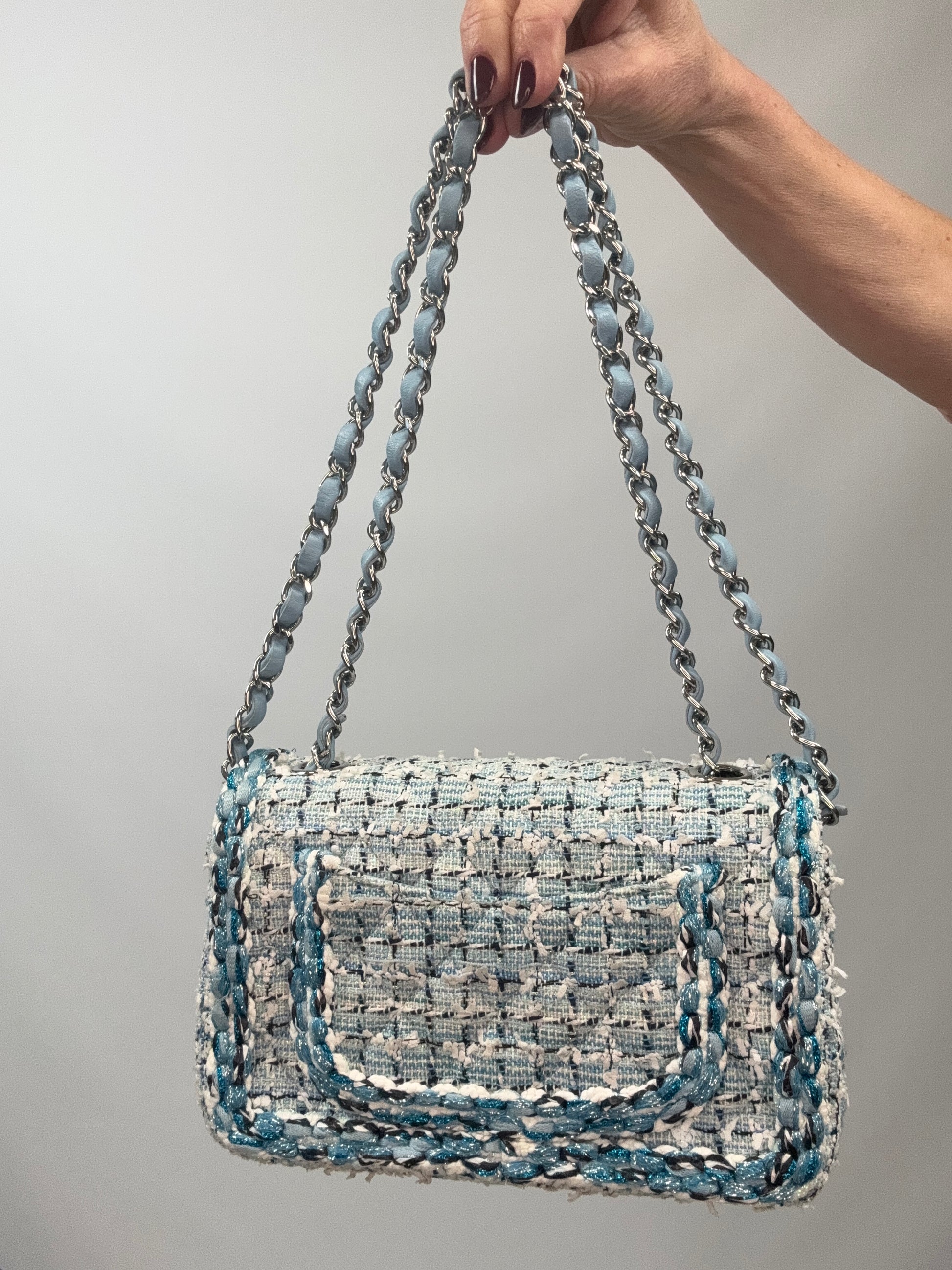 Chanel Quilted Metallic Tweed Mini Rectangular Flap Bag - Blue White Silver back of handbag