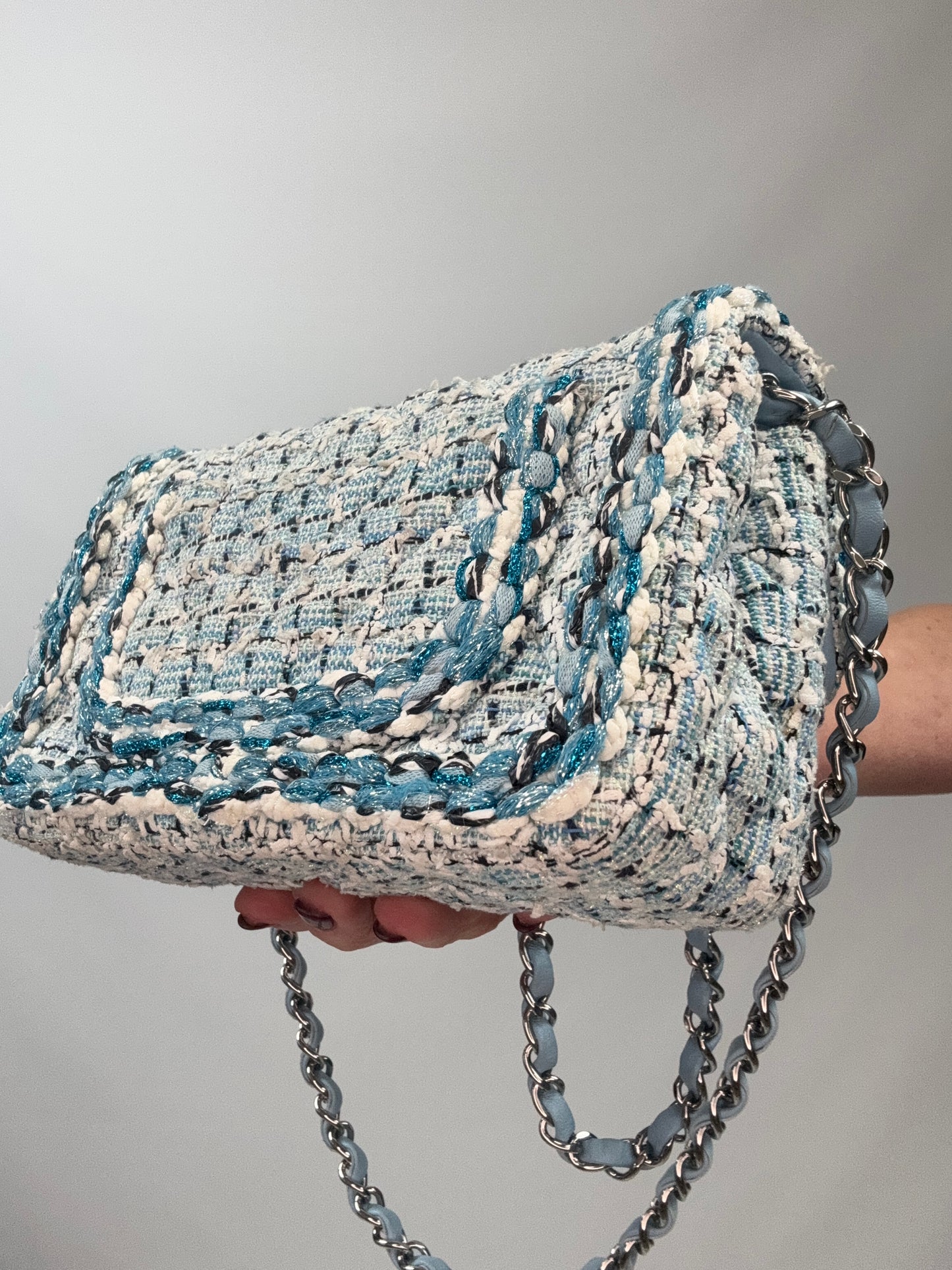 Chanel Quilted Metallic Tweed Mini Rectangular Flap Bag - Blue White Silver back right bottom corner