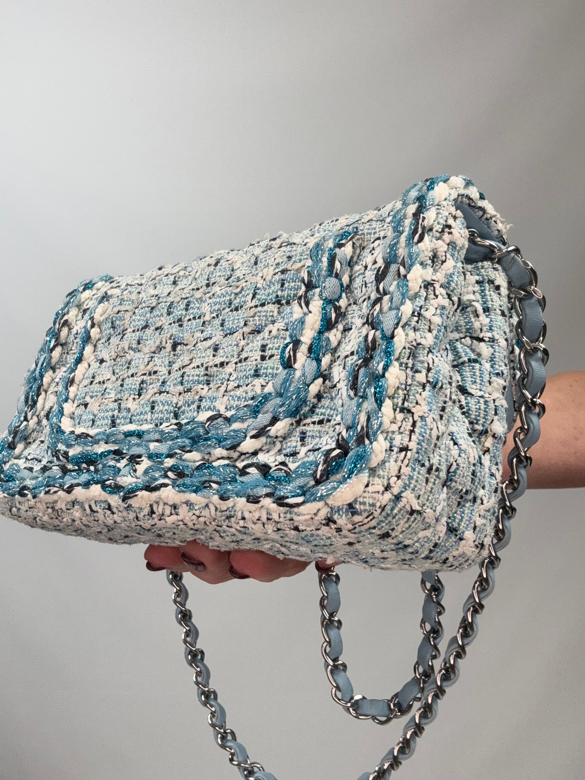 Chanel Quilted Metallic Tweed Mini Rectangular Flap Bag - Blue White Silver back right bottom corner