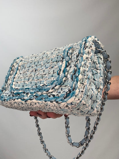 Chanel Quilted Metallic Tweed Mini Rectangular Flap Bag - Blue White Silver back right bottom corner