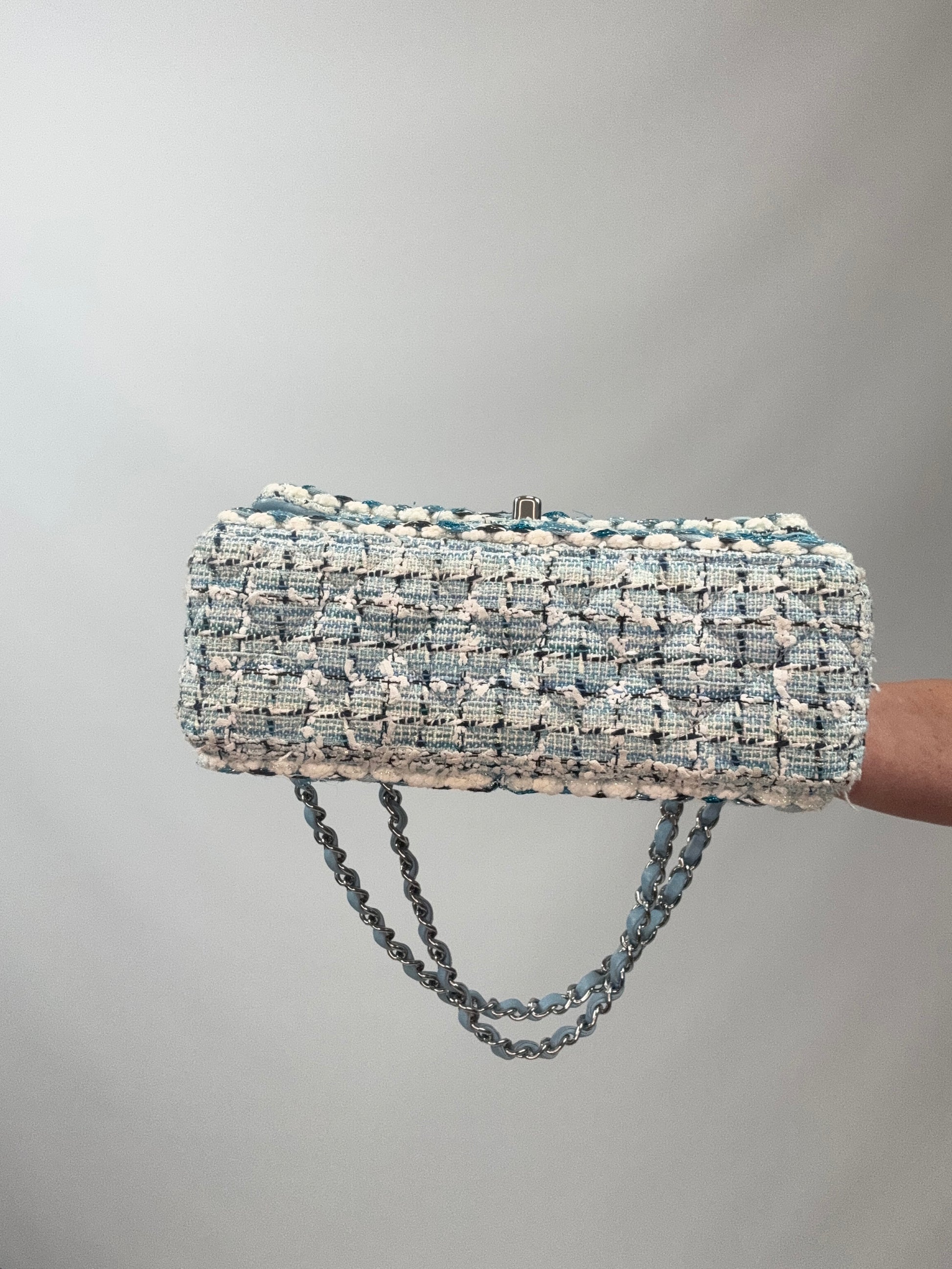 Chanel Quilted Metallic Tweed Mini Rectangular Flap Bag - Blue White Silver bottom of handbag