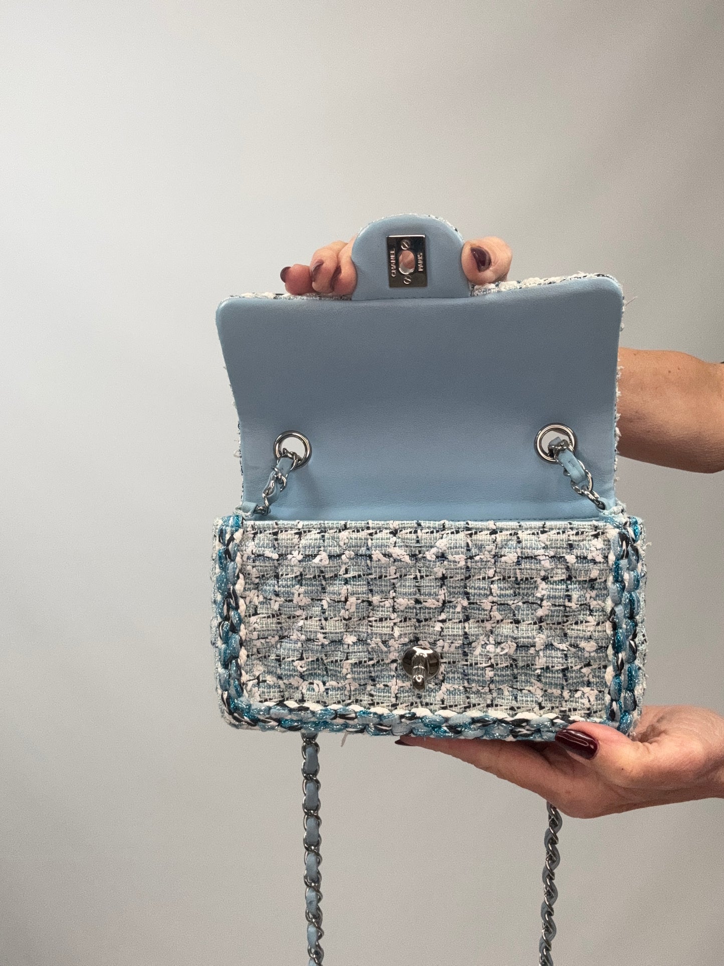 Chanel Quilted Metallic Tweed Mini Rectangular Flap Bag - Blue White Silver flap interior