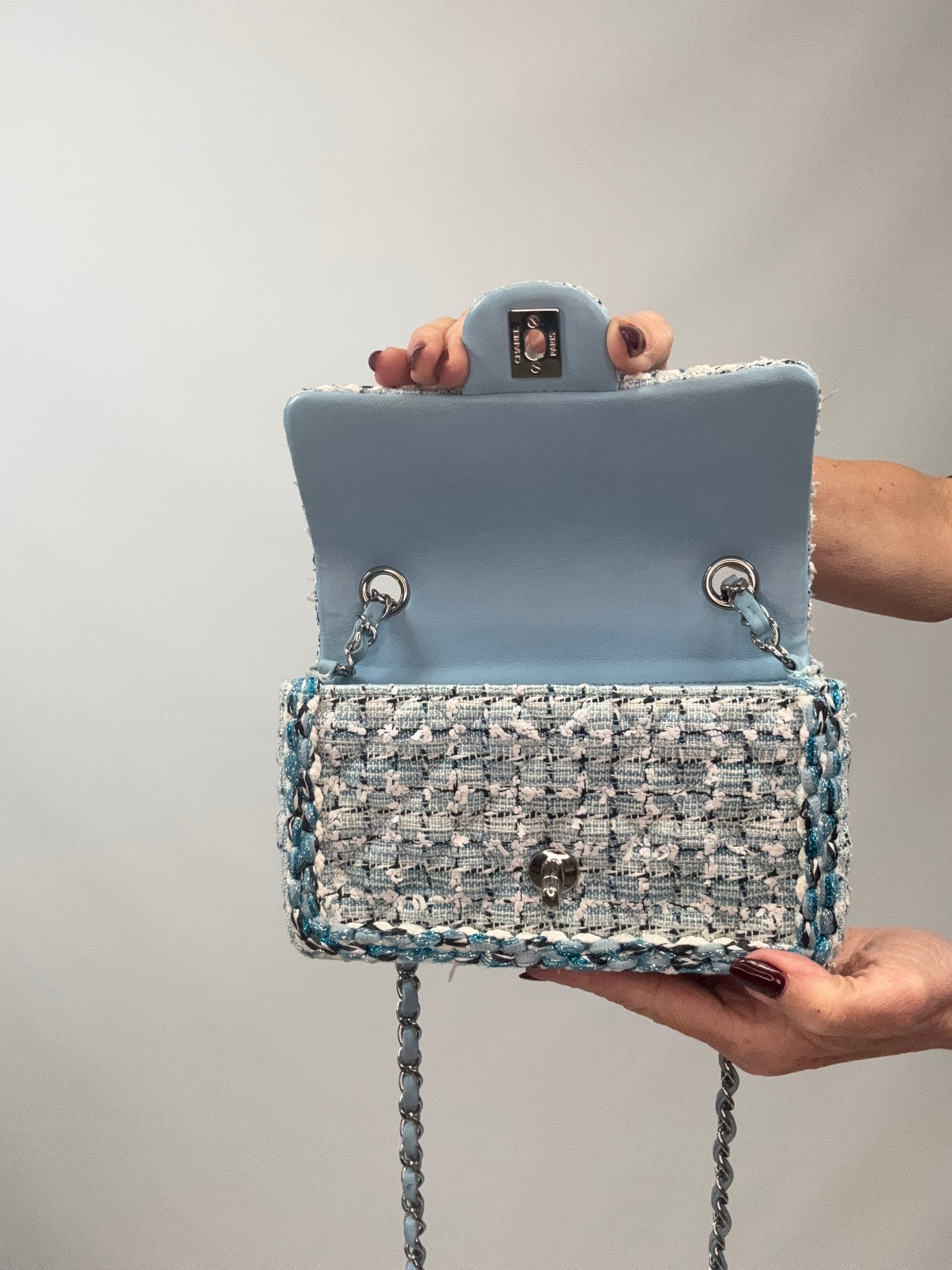 Chanel Quilted Metallic Tweed Mini Rectangular Flap Bag - Blue White Silver flap interior