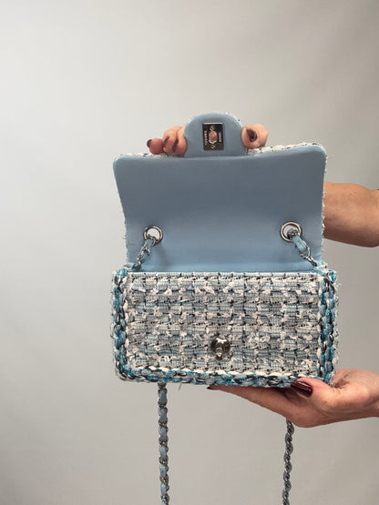 Chanel Quilted Metallic Tweed Mini Rectangular Flap Bag - Blue White Silver flap interior