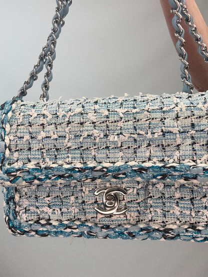 Chanel Quilted Metallic Tweed Mini Rectangular Flap Bag - Blue White Silver front of handbag and turnlock