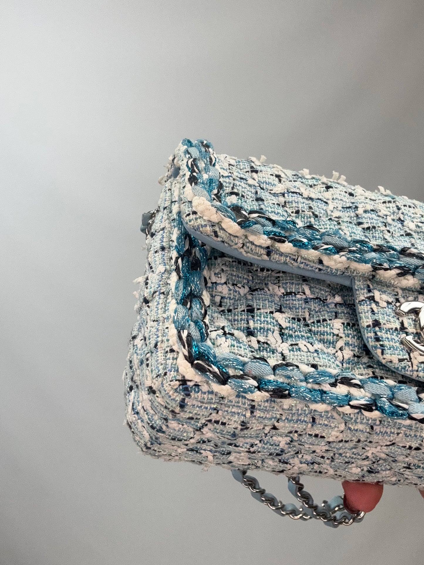 Chanel Quilted Metallic Tweed Mini Rectangular Flap Bag - Blue White Silver front left bottom corner
