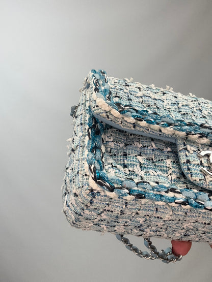 Chanel Quilted Metallic Tweed Mini Rectangular Flap Bag - Blue White Silver front left bottom corner