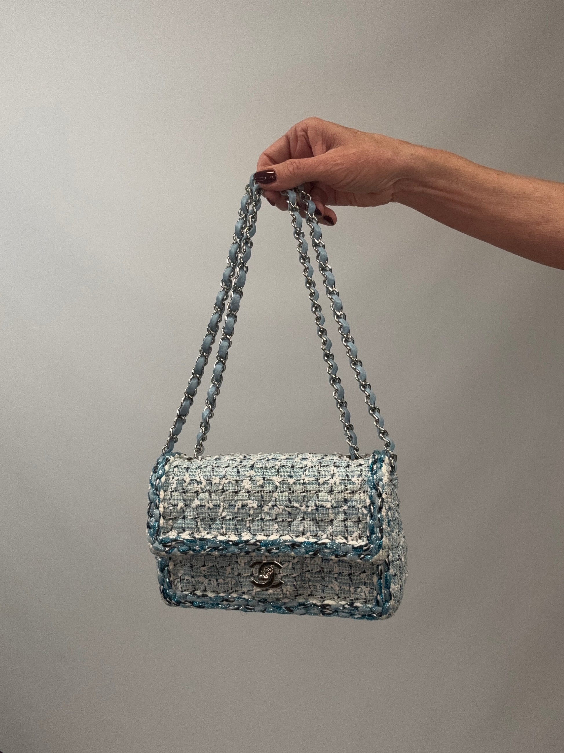 Chanel Quilted Metallic Tweed Mini Rectangular Flap Bag - Blue White Silver with strap doubled