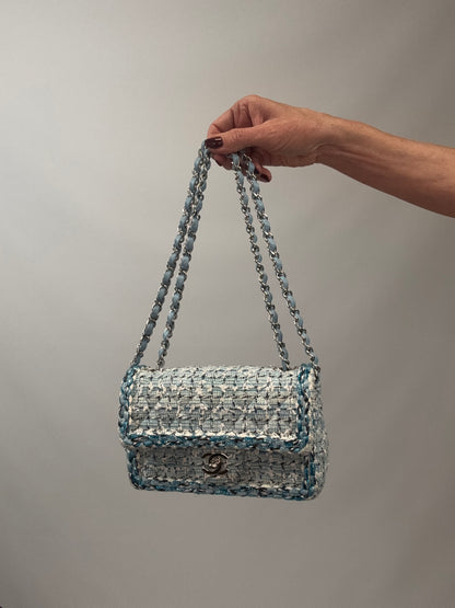 Chanel Quilted Metallic Tweed Mini Rectangular Flap Bag - Blue White Silver with strap doubled