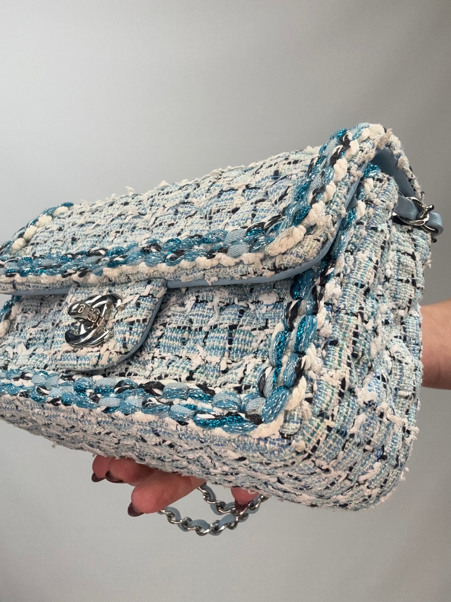 Chanel Quilted Metallic Tweed Mini Rectangular Flap Bag - Blue White Silver front right bottom corner