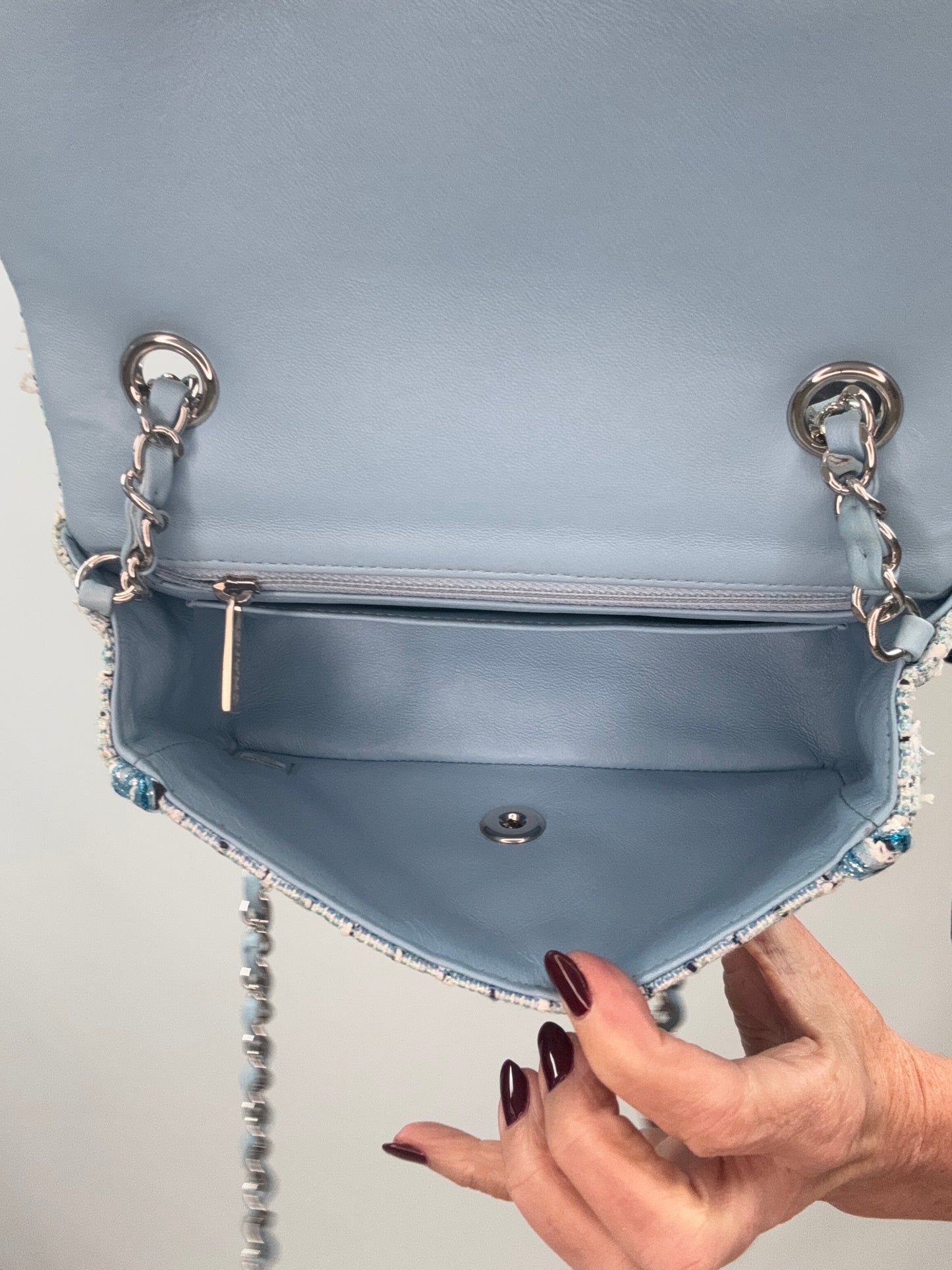 Chanel Quilted Metallic Tweed Mini Rectangular Flap Bag - Blue White Silver handbag interior