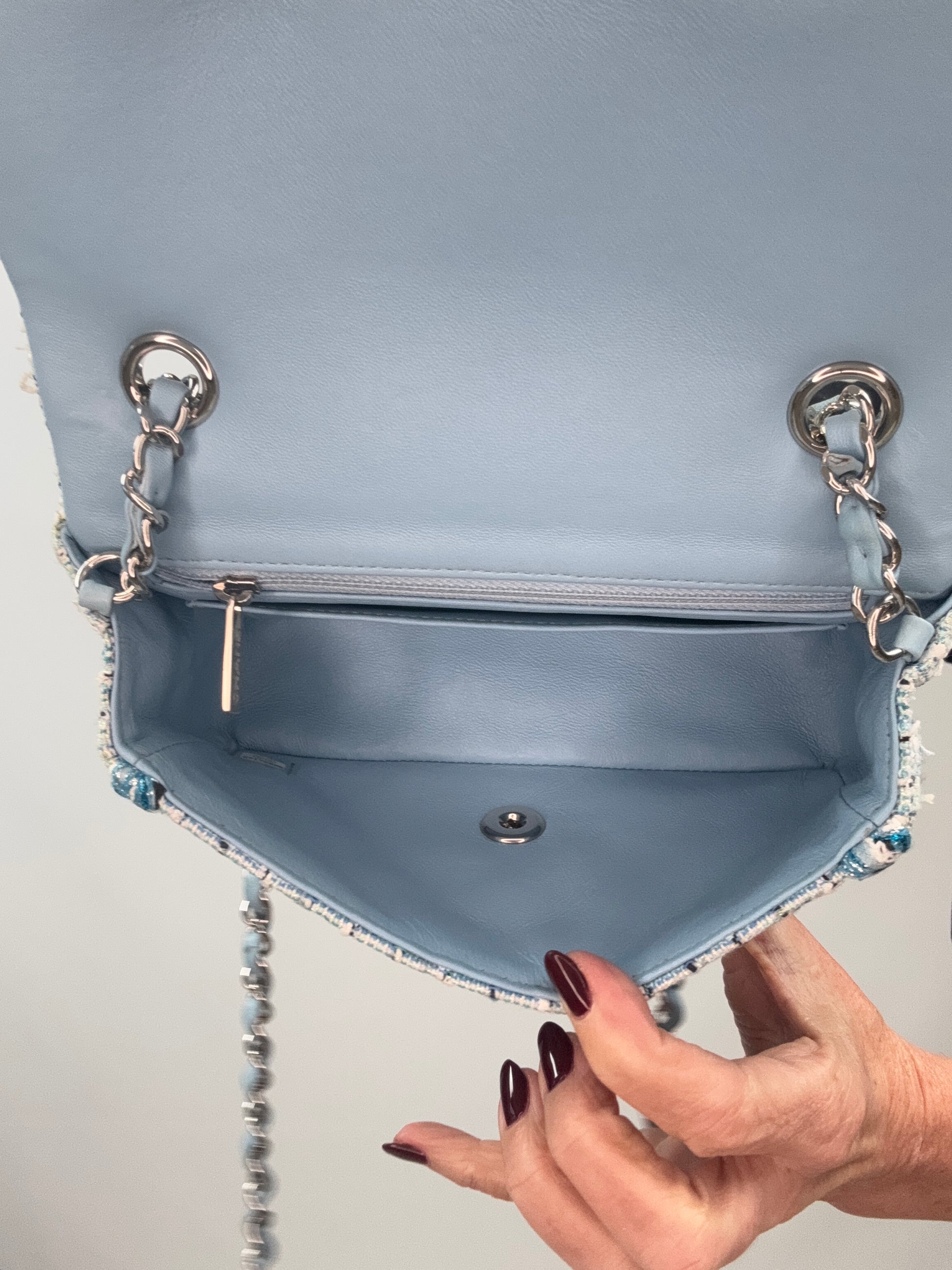 Chanel Quilted Metallic Tweed Mini Rectangular Flap Bag - Blue White Silver handbag interior