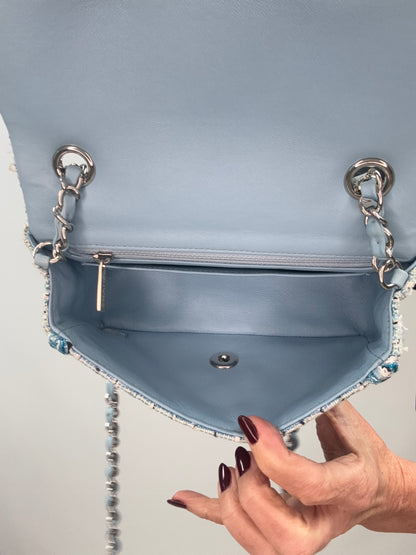 Chanel Quilted Metallic Tweed Mini Rectangular Flap Bag - Blue White Silver handbag interior