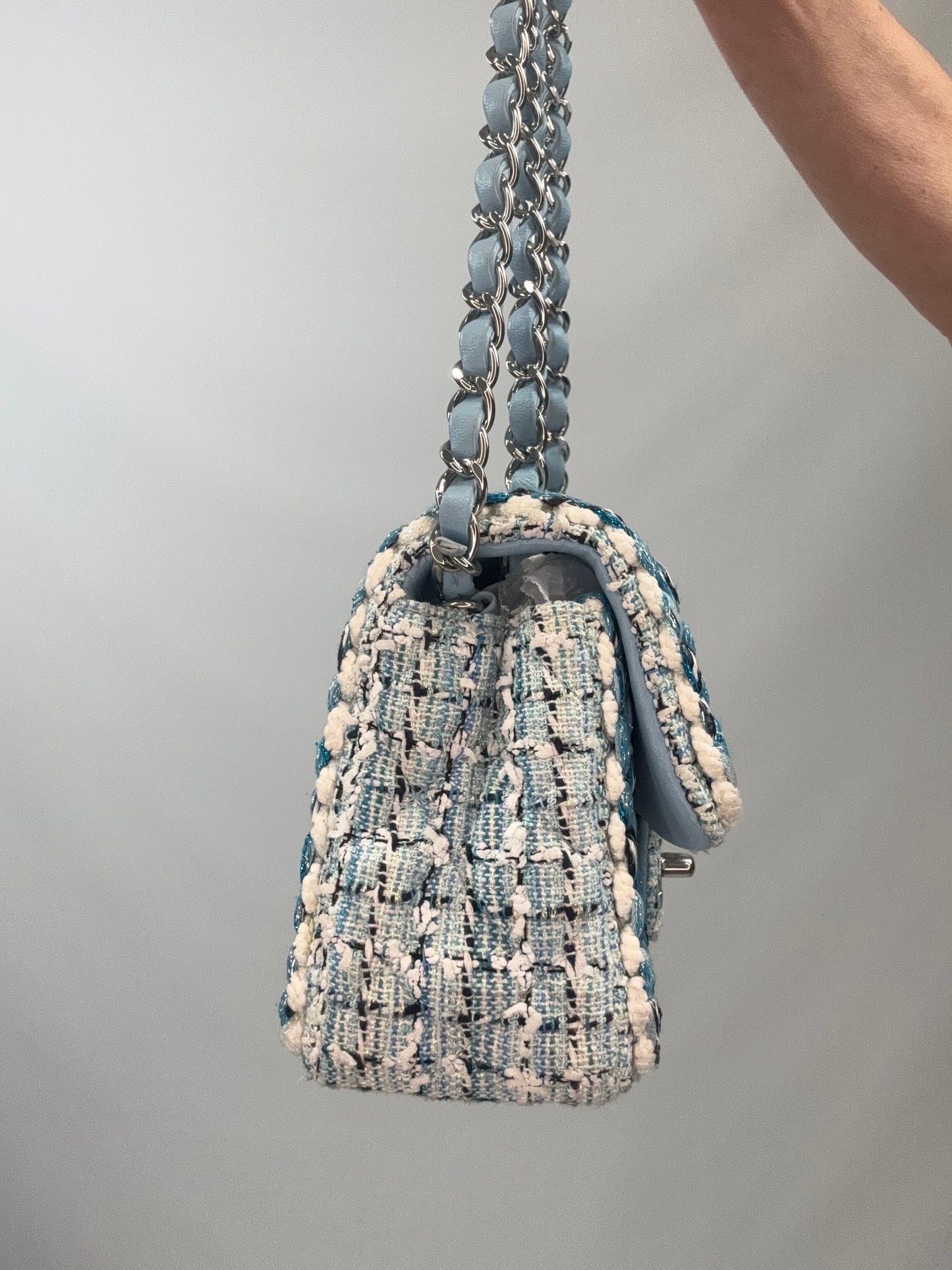 Chanel Quilted Metallic Tweed Mini Rectangular Flap Bag - Blue White Silver left side of handbag