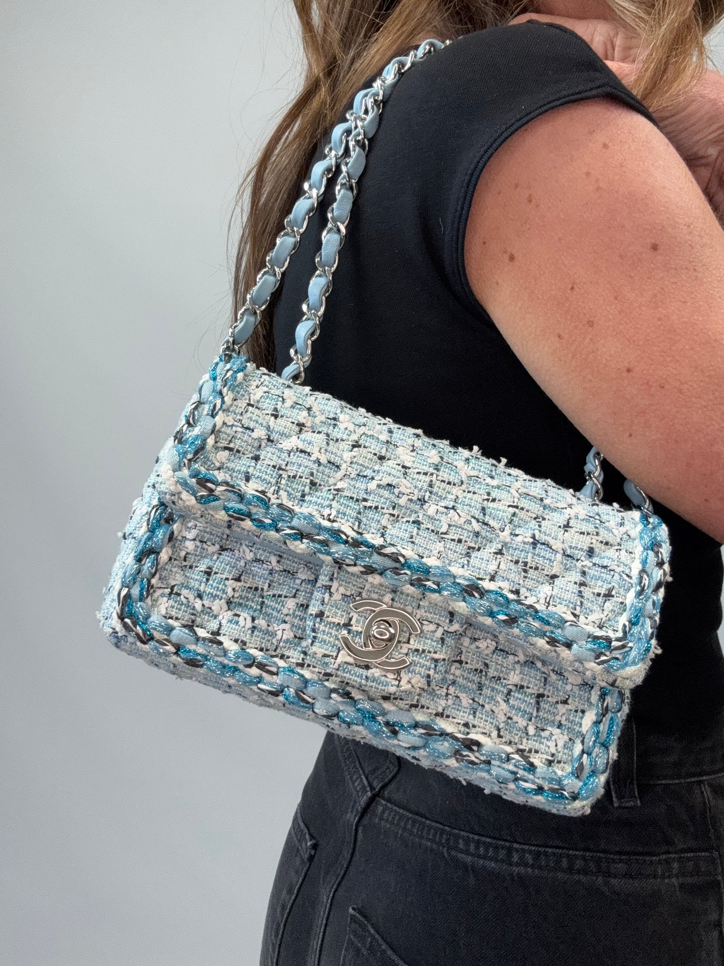 Chanel Quilted Metallic Tweed Mini Rectangular Flap Bag - Blue White Silver modeled 2