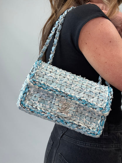 Chanel Quilted Metallic Tweed Mini Rectangular Flap Bag - Blue White Silver modeled 2