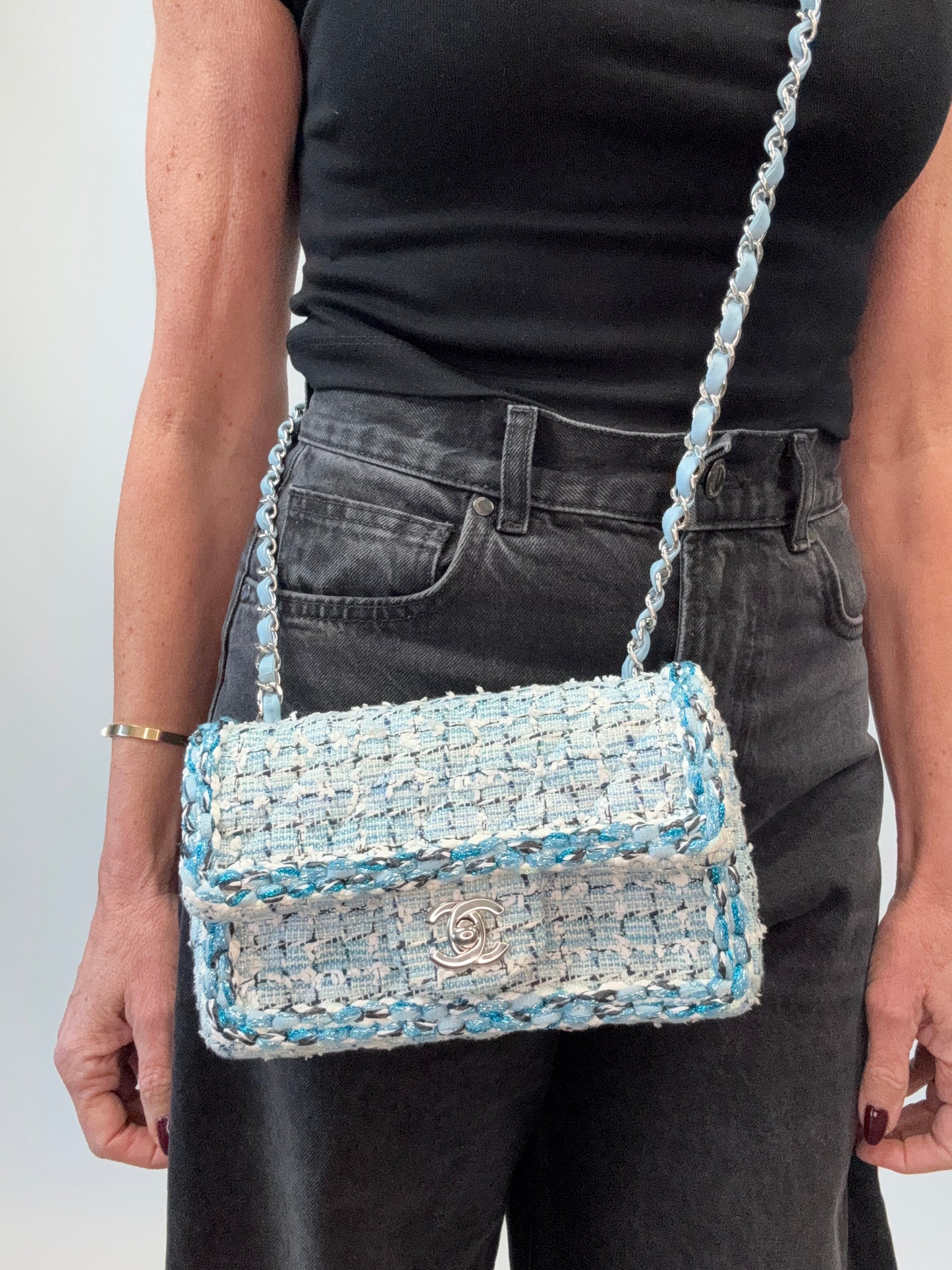 Chanel Quilted Metallic Tweed Mini Rectangular Flap Bag - Blue White Silver modeled 3