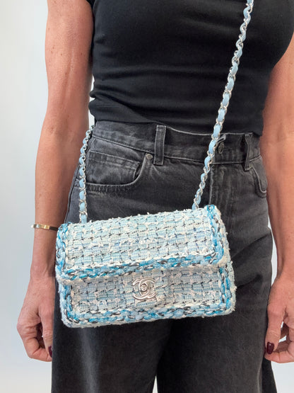Chanel Quilted Metallic Tweed Mini Rectangular Flap Bag - Blue White Silver modeled 3