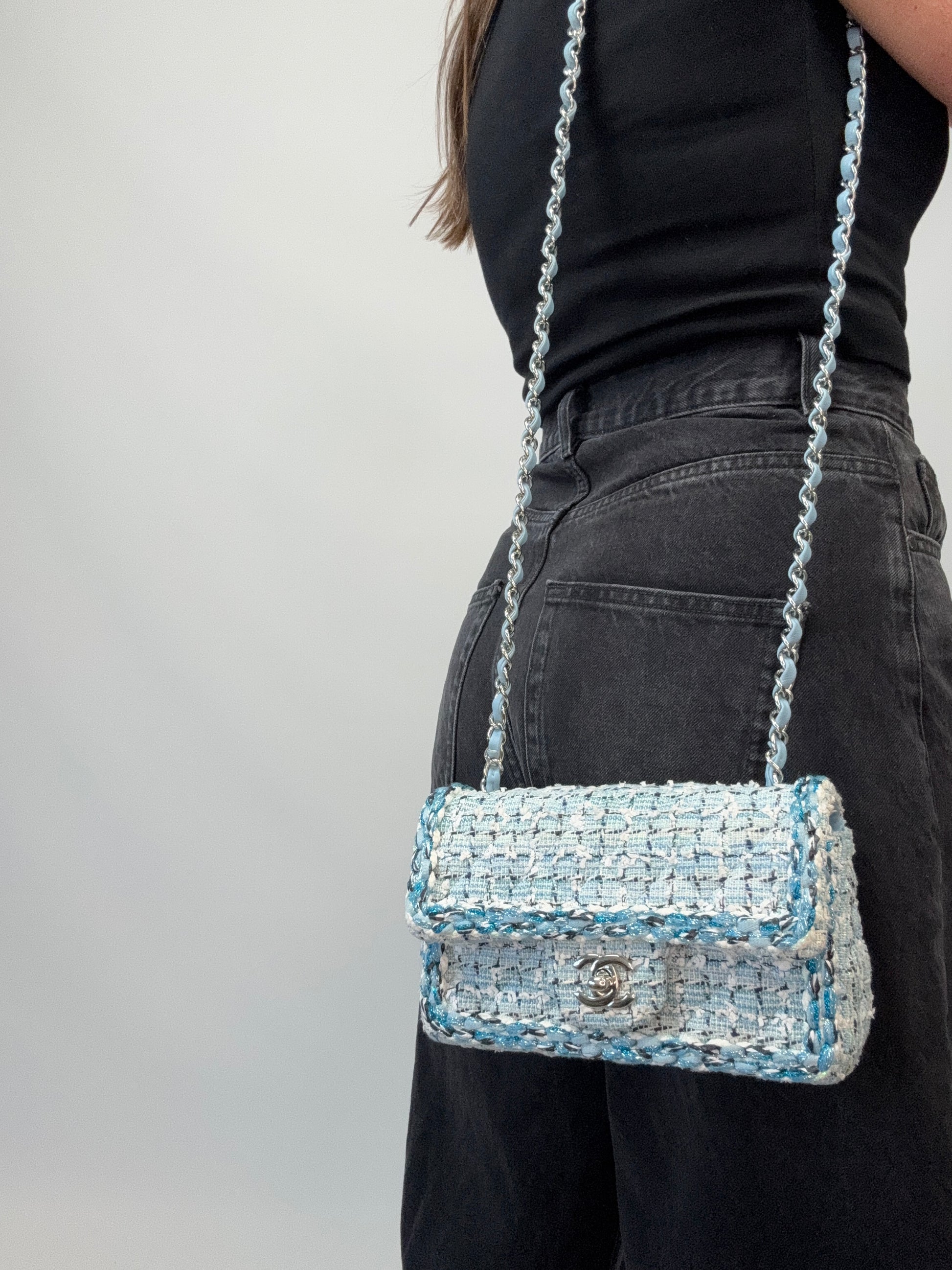 Chanel Quilted Metallic Tweed Mini Rectangular Flap Bag - Blue White Silver modeled