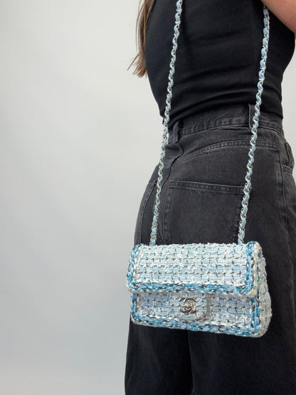 Chanel Quilted Metallic Tweed Mini Rectangular Flap Bag - Blue White Silver modeled