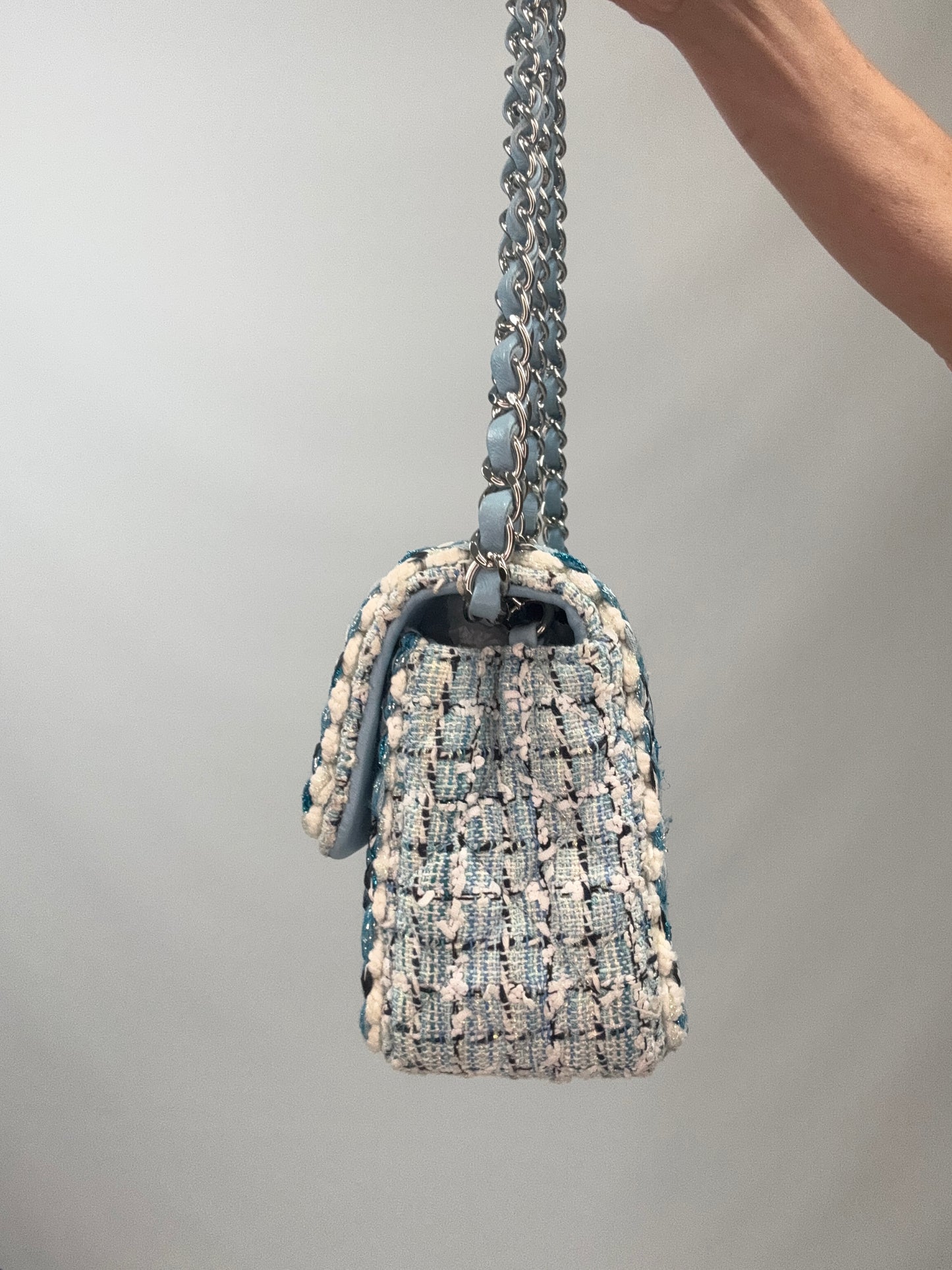 Chanel Quilted Metallic Tweed Mini Rectangular Flap Bag - Blue White Silver right side of handbag