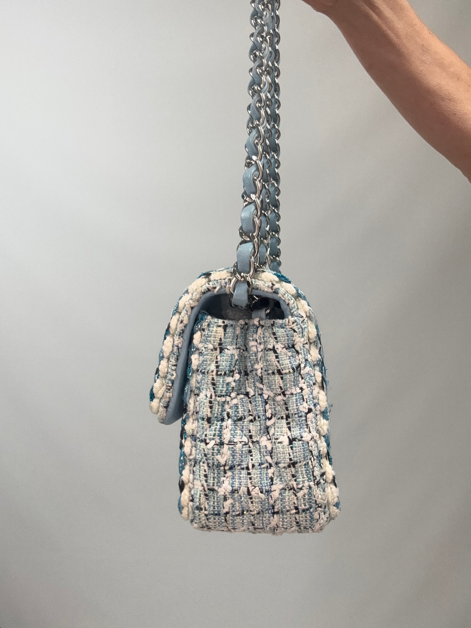 Chanel Quilted Metallic Tweed Mini Rectangular Flap Bag - Blue White Silver right side of handbag