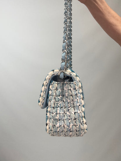 Chanel Quilted Metallic Tweed Mini Rectangular Flap Bag - Blue White Silver right side of handbag