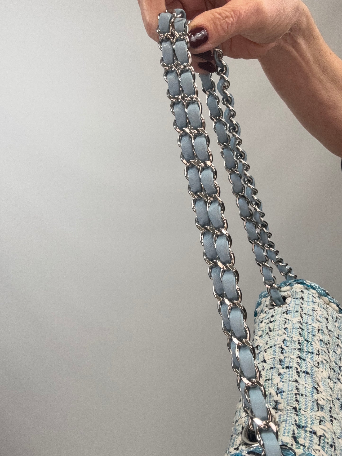 Chanel Quilted Metallic Tweed Mini Rectangular Flap Bag - Blue White Silver straps 2