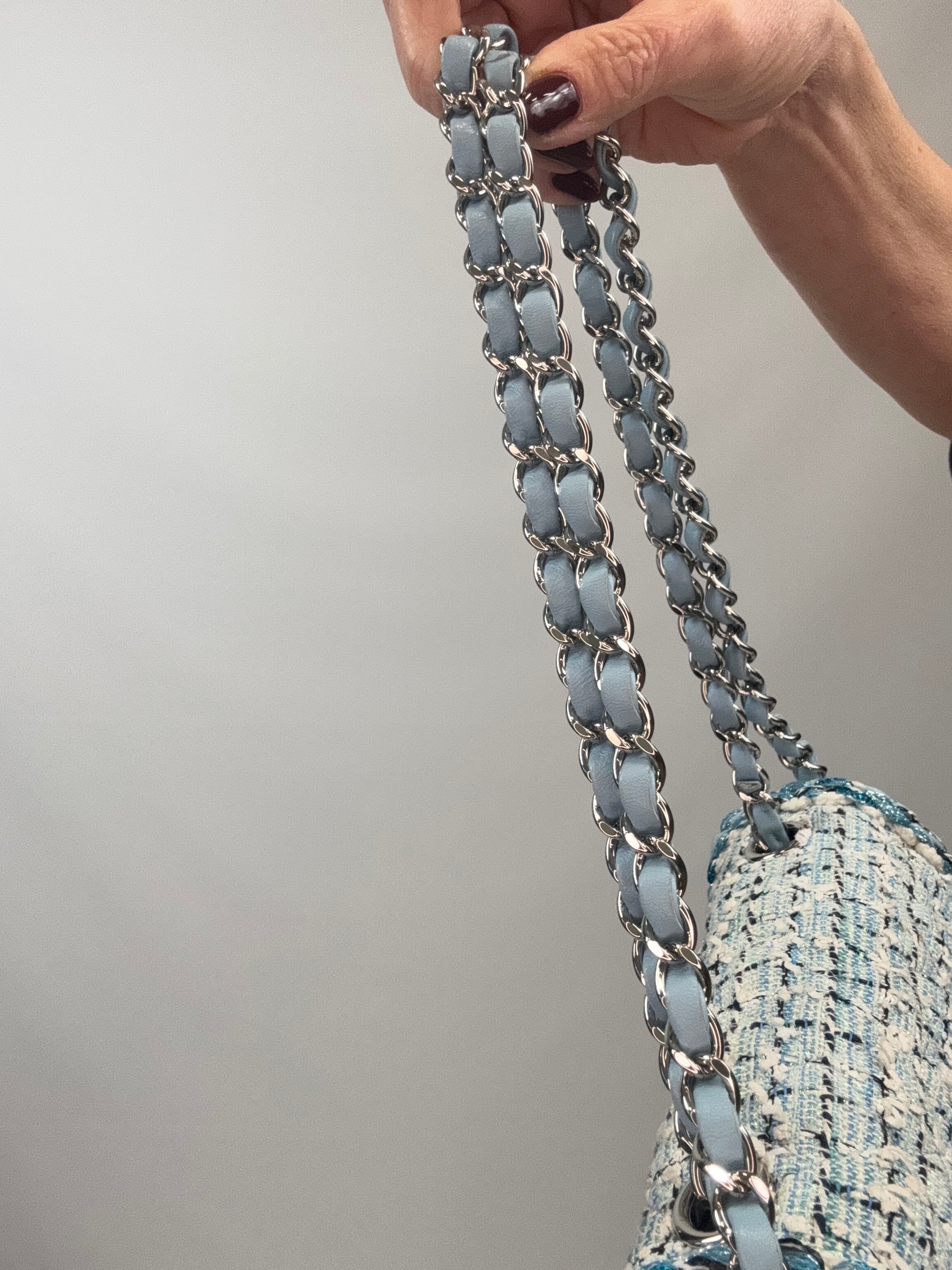 Chanel Quilted Metallic Tweed Mini Rectangular Flap Bag - Blue White Silver straps 2