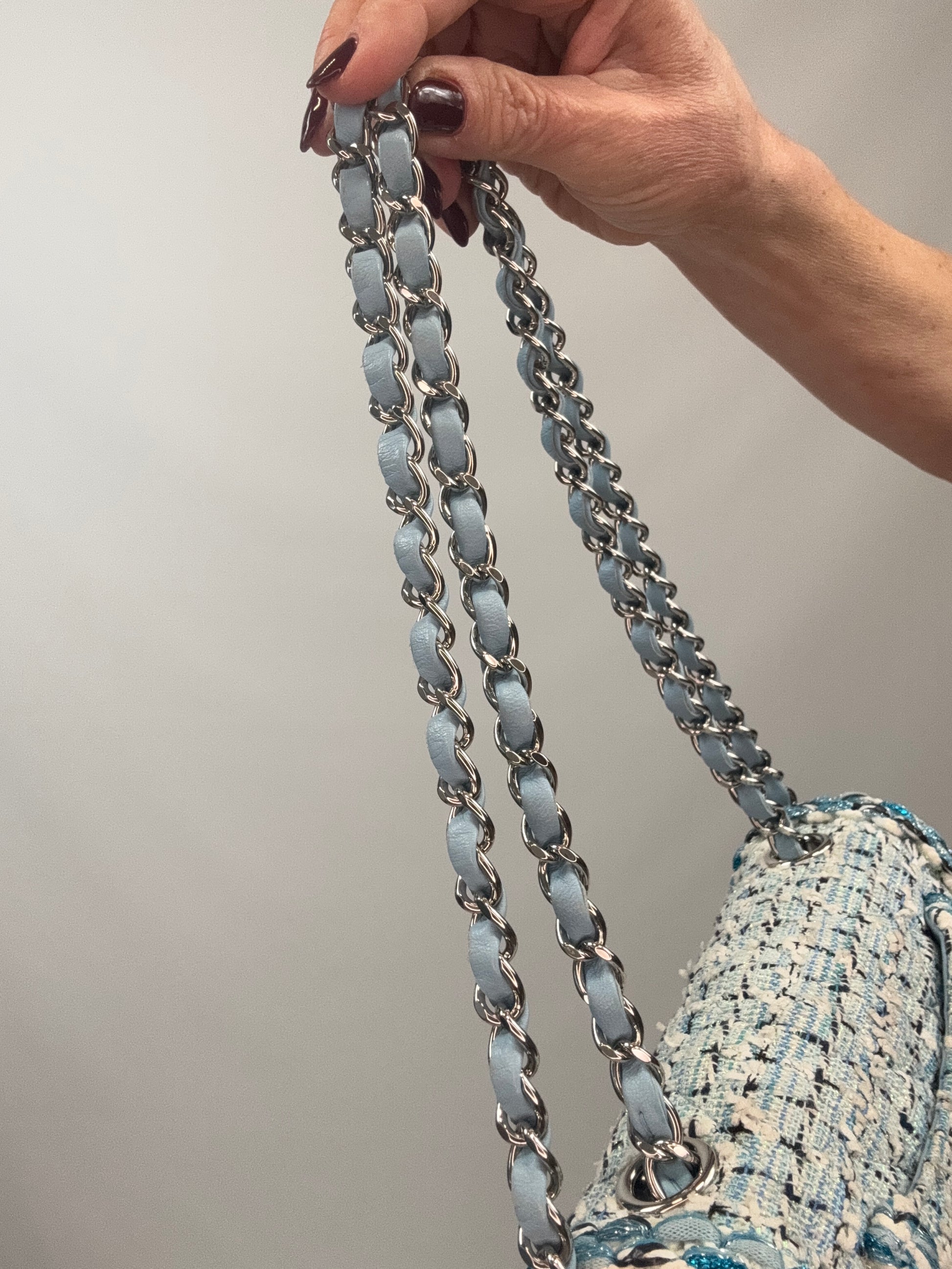 Chanel Quilted Metallic Tweed Mini Rectangular Flap Bag - Blue White Silver straps