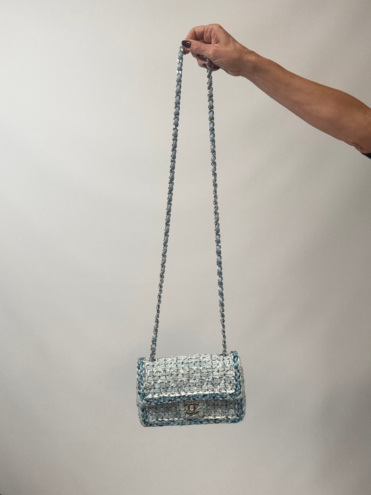 Chanel Quilted Metallic Tweed Mini Rectangular Flap Bag - Blue White Silver with strap extended