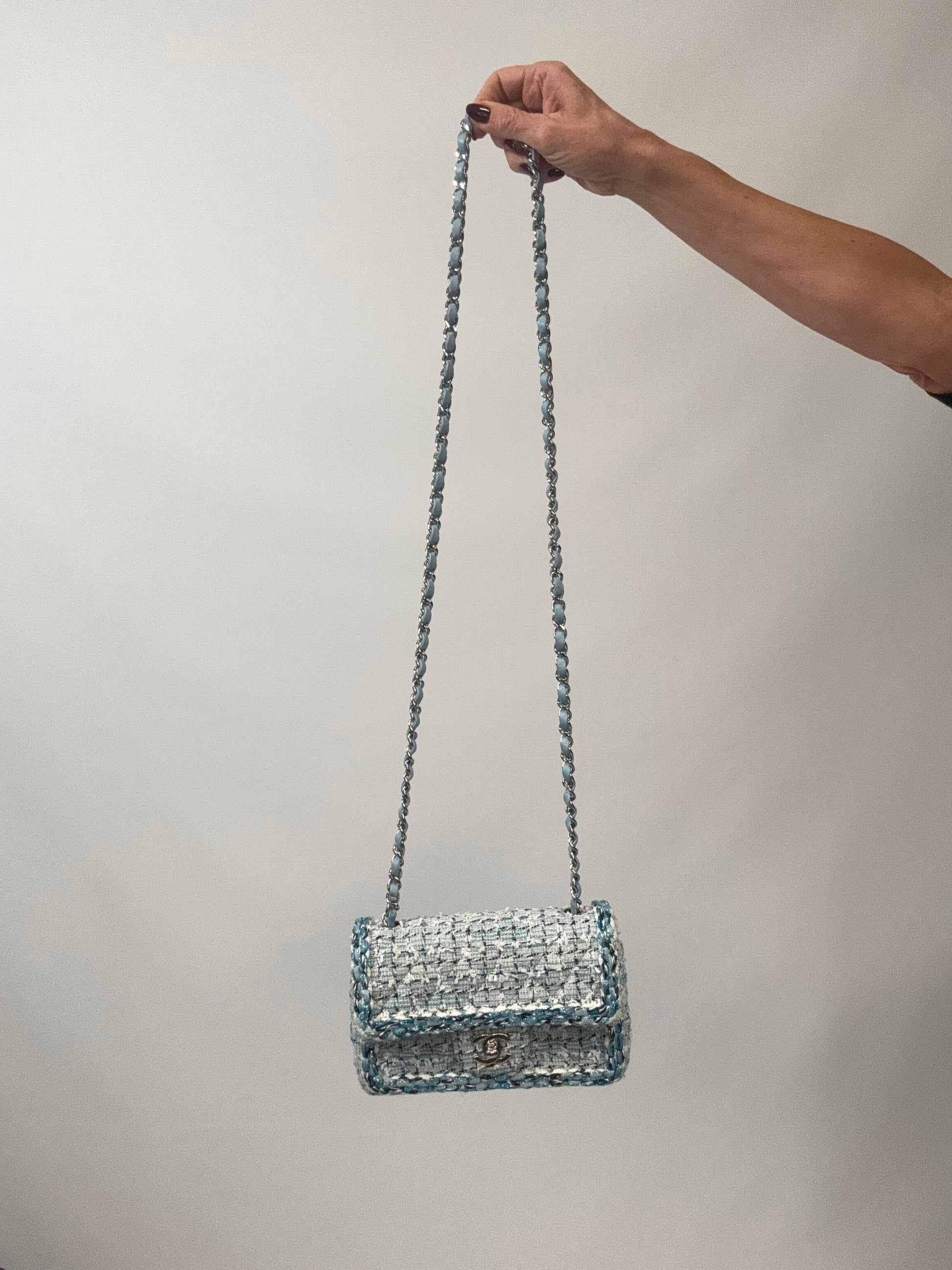 Chanel Quilted Metallic Tweed Mini Rectangular Flap Bag - Blue White Silver with strap extended