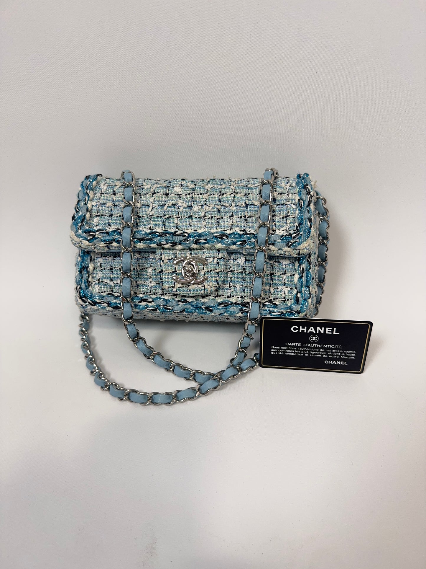 Chanel Quilted Metallic Tweed Mini Rectangular Flap Bag - Blue White Silver with authenticity card